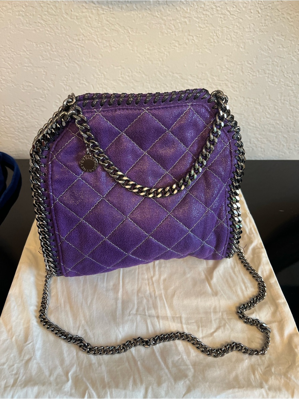 Stella McCartney Purple Quilted Chain-Trim Shoulder Bag Falabella Shaggy tote.